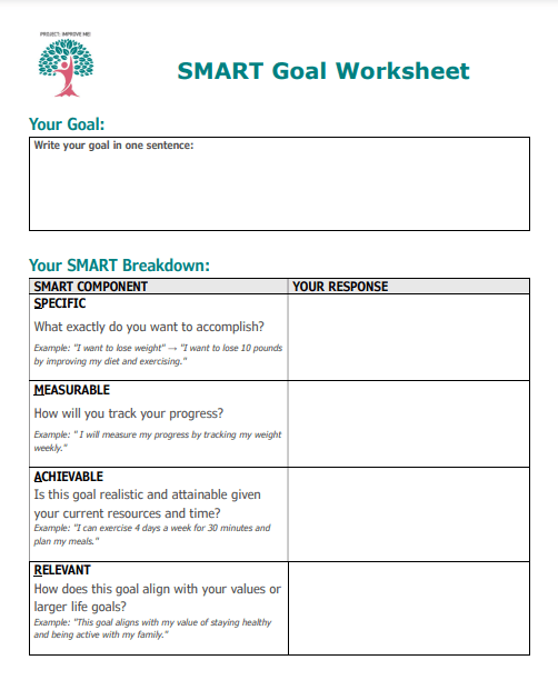 Sneak peak of smart goals worksheet made by Project Improve Me.