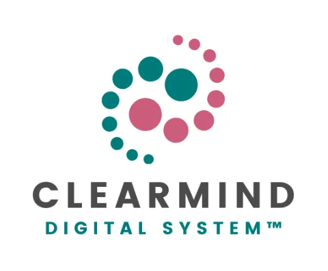 Logo for Clearmind Digital System with teal and pink swirled dots above the name, inspiring calm clarity for women easing digital overwhelm.