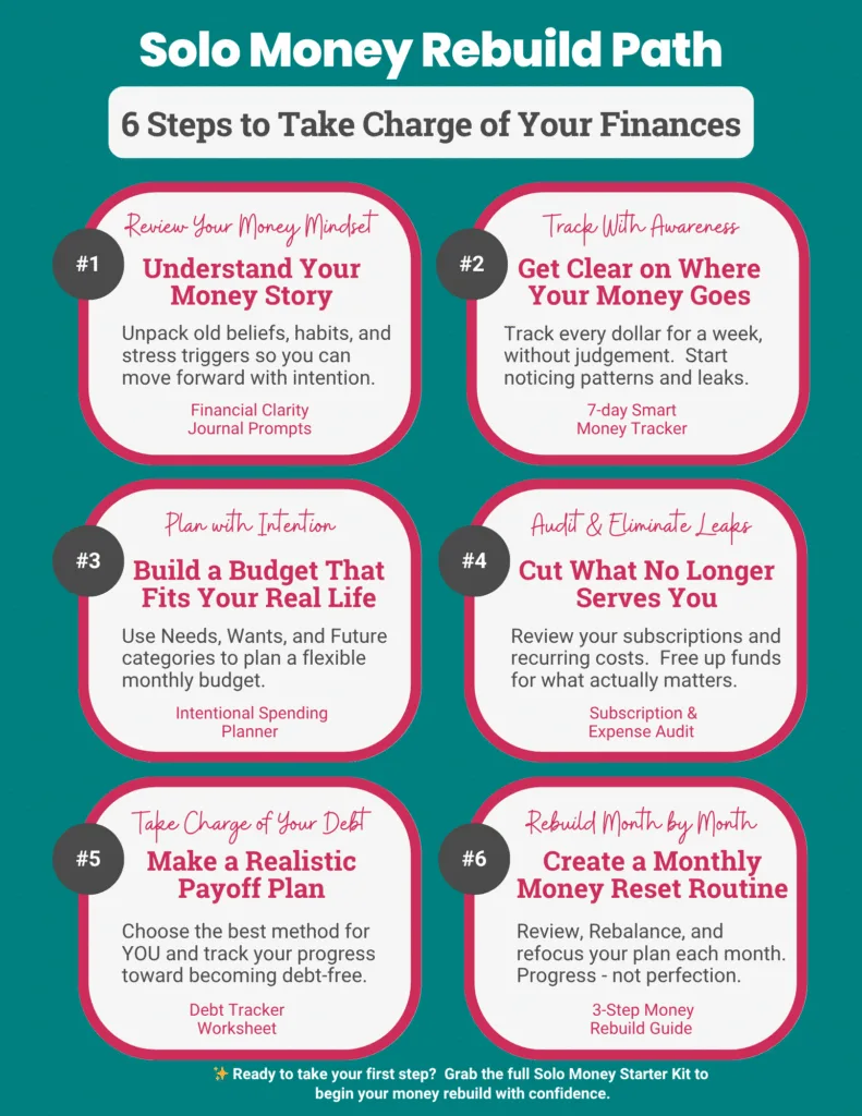 Infographic titled Solo Money Rebuild Path guides women 45+ with 6 gentle steps to confidently manage and rebuild finances solo.