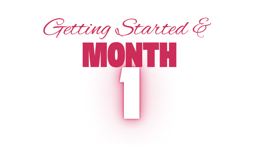 Text reads “Getting Started & Month 1” with “Month 1” in large pink letters on white, inviting women to the ClearMind midlife journey.