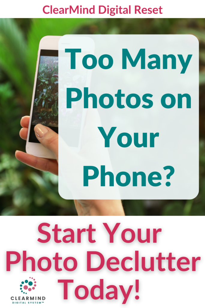 A woman’s hand photographs lush plants on her phone, with ClearMind Digital Reset inviting midlife women to refresh and declutter digitally.