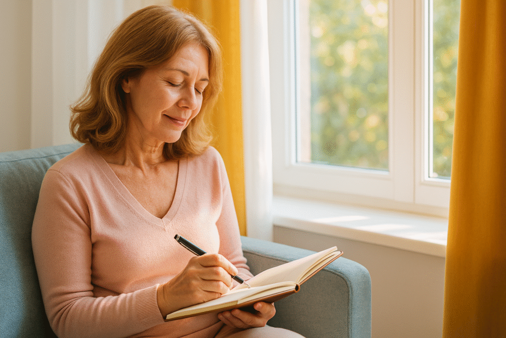 Woman in her 50s sitting quietly with a journal, soft morning light coming through the window