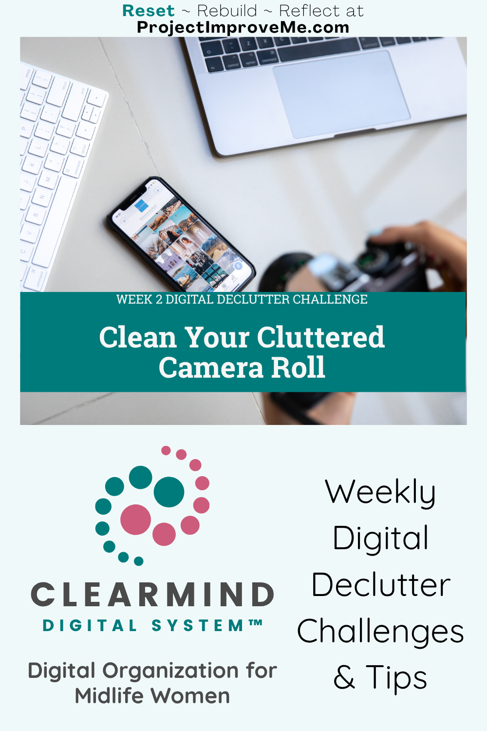 A warm digital declutter challenge image for midlife women, with a phone, keyboard, and branding to inspire your digital home base.