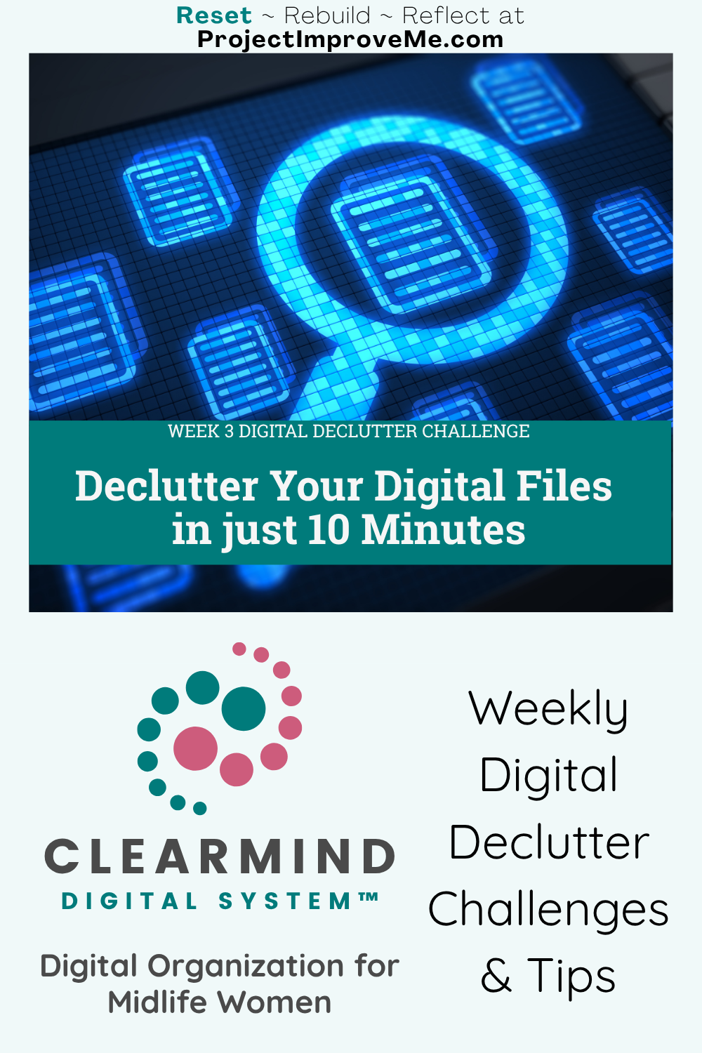 A digital magnifying glass icon and inviting text encourage midlife women to try to declutter computer files quickly with ClearMind.
