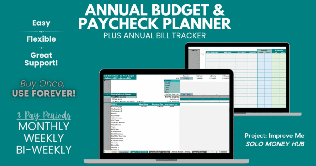 Two laptops show budget planners for women over 50 on a teal background—supporting confident, flexible financial planning in midlife.
