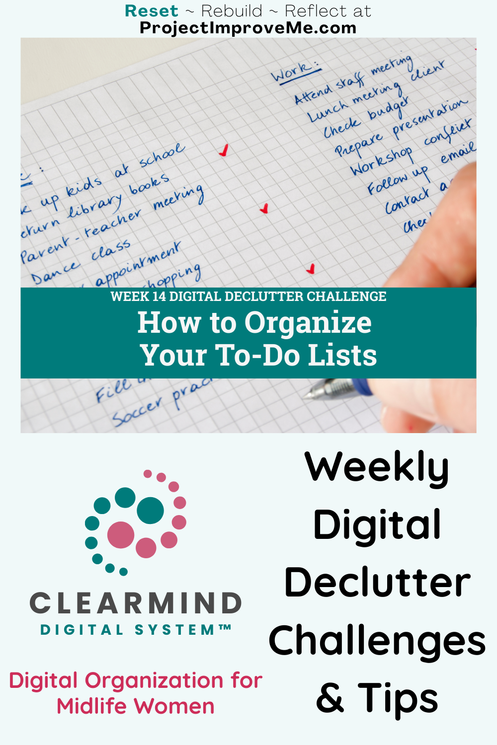 Handwritten to-do list notepad, inviting midlife women to join ClearMind Digital’s gentle weekly declutter and organizing tips.