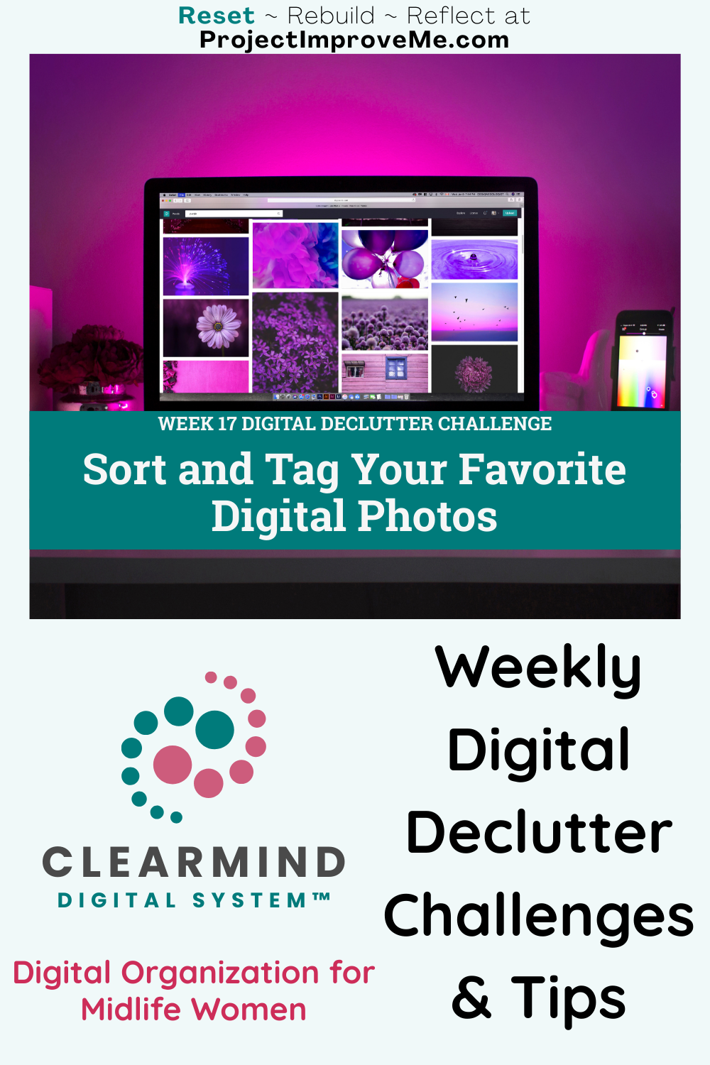 A computer screen shows a digital photo organizer, inviting midlife women to join Clearmind’s weekly declutter tips and support.