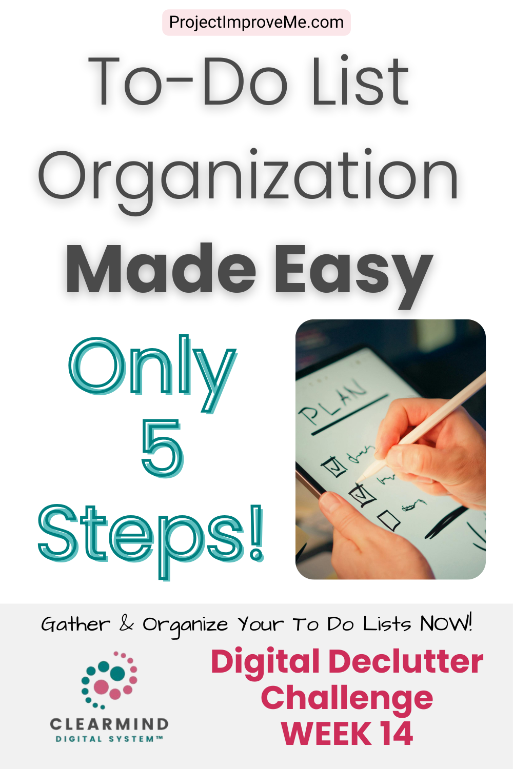 Inviting graphic for women embracing midlife, with “Only 5 Steps!” and a hand writing PLAN on a checklist, encouraging organization.