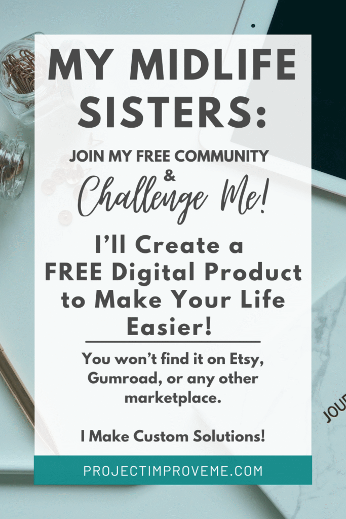 A warm flyer invites midlife women to join Second Chapter Digital Solutions for free custom planners & a supportive community.
