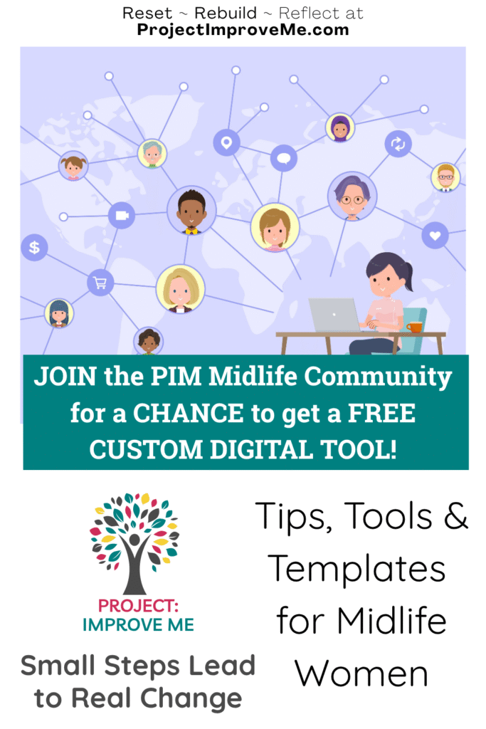 Digital illustration of midlife women connected by network lines, sharing supportive PIM Community tools and resources just for them.