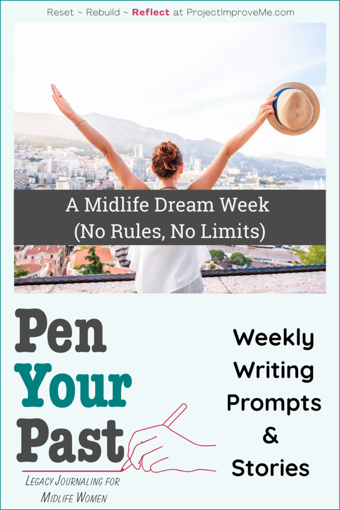 A joyful midlife woman stands arms raised over a city, celebrating A Midlife Dream Week—where women find support and creative freedom.