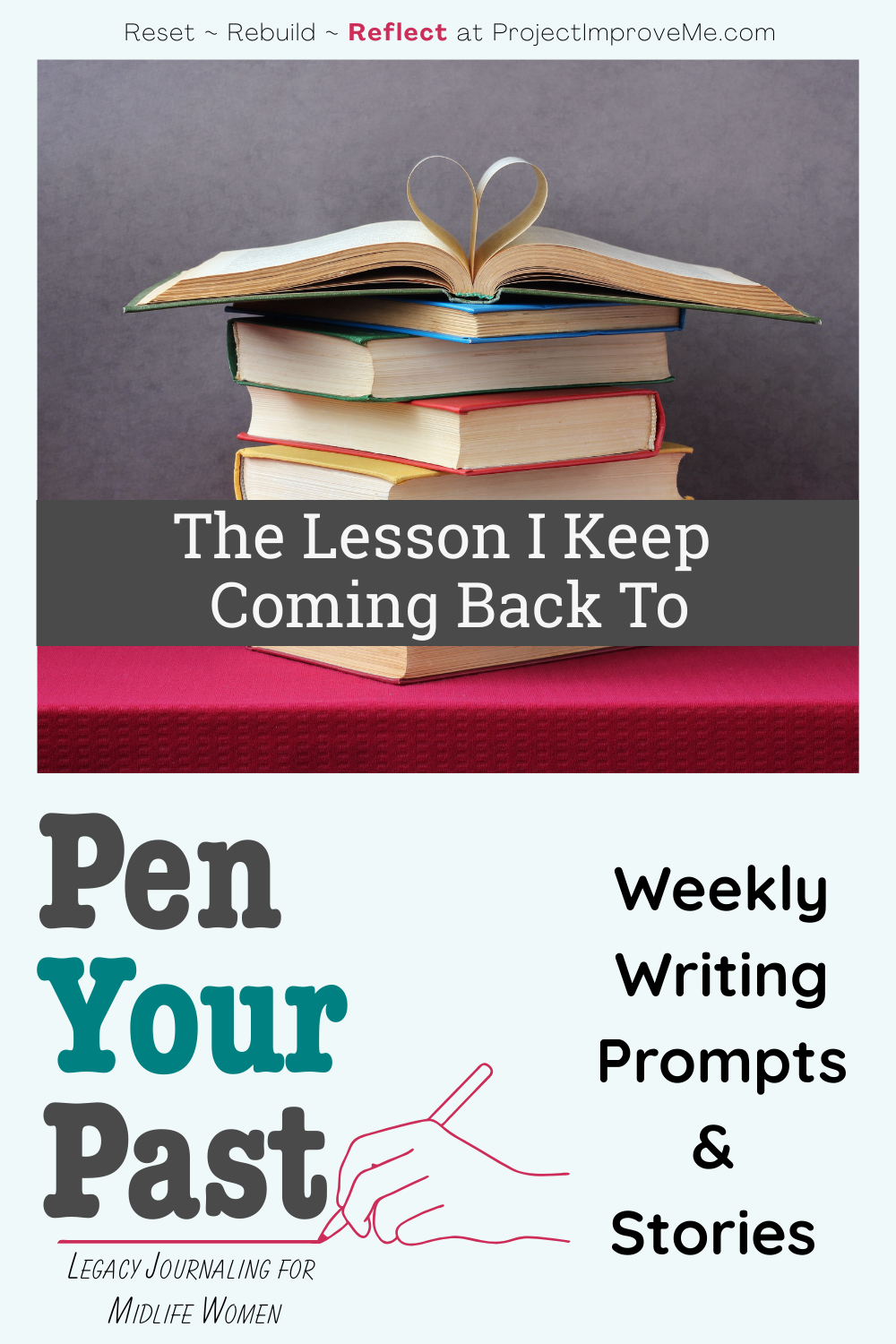 A stack of books topped with an open one, inviting midlife women to weekly prompts and heartfelt stories for personal growth.
