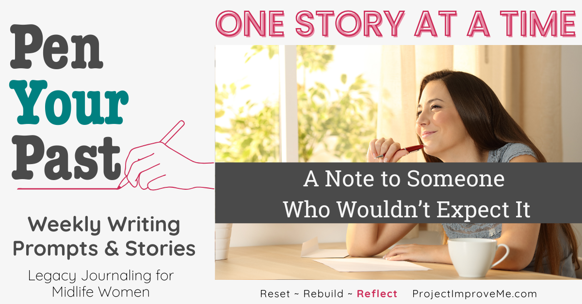 A warm-hearted woman at her desk, pen in hand, smiles warmly. Text invites midlife women to try writing prompts and surprise notes.