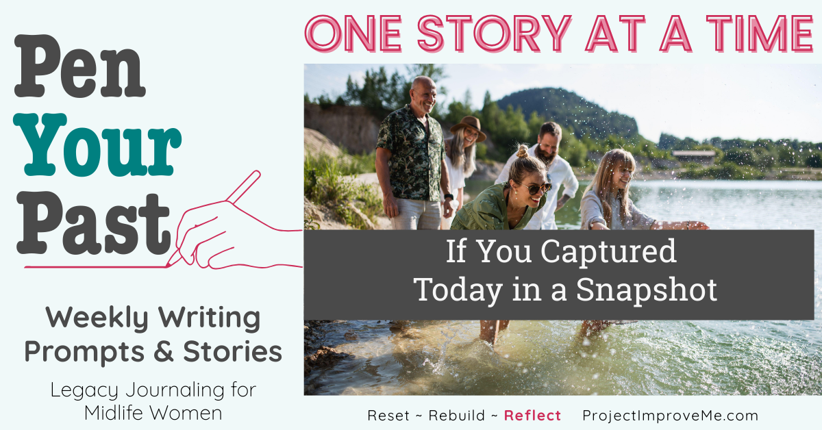 Women gathered by a lakeshore joyfully laugh and splash, shown with text inviting midlife women to explore legacy journaling prompts.