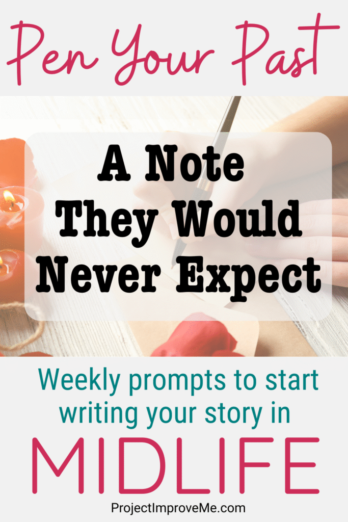 A hand writes a heartfelt note on paper, flowers nearby. Text: “Gentle prompts to help women begin their midlife story.”.