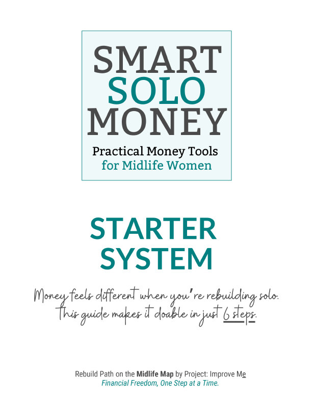 Warm, supportive cover for SMART SOLO MONEY Starter System—a 6-step guide empowering midlife women to rebuild finances with ease.