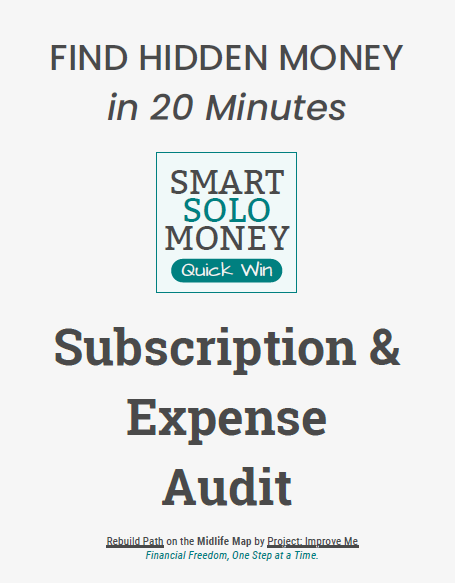 Text reads: Discover hidden savings in 20 minutes. Empower your midlife money journey—easy expense audit for women on one income.