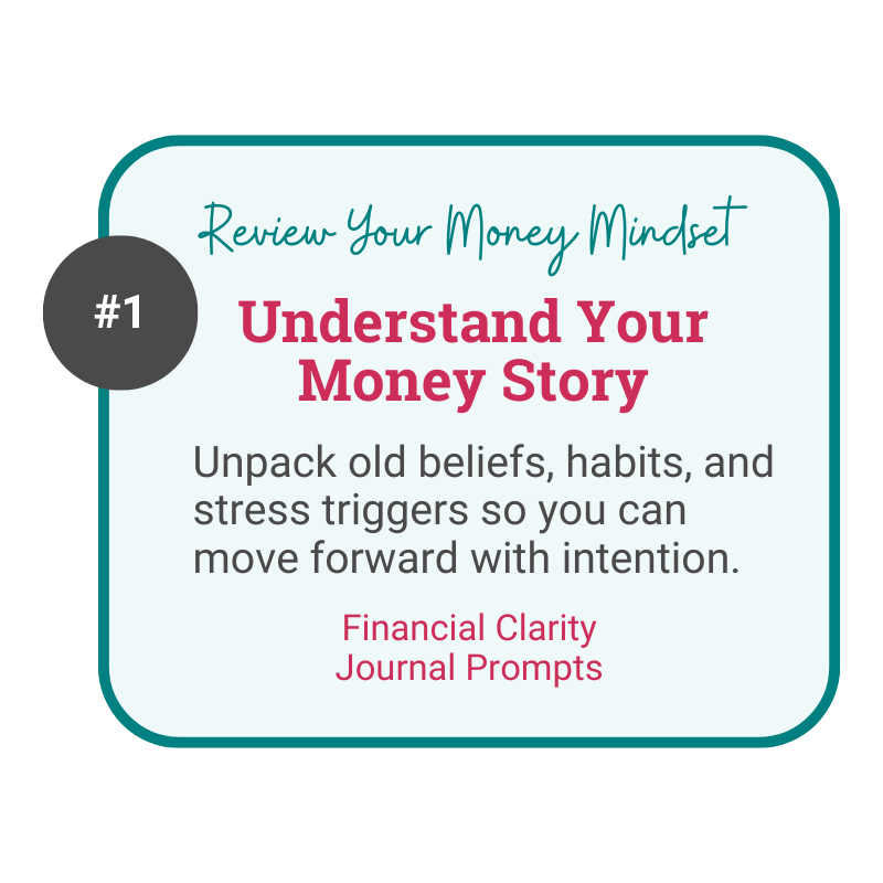A warm graphic, "Understand Your Money Story," invites midlife women to reflect on finances with journal prompts for one-income clarity.