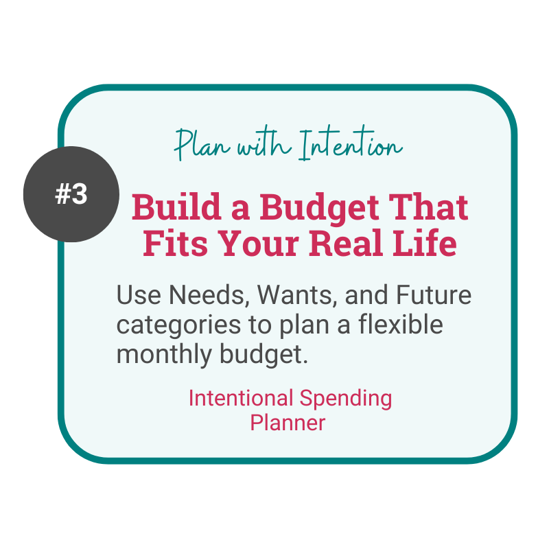 A warm graphic for midlife women, guiding you to budget by Needs, Wants, and Future—supporting you as you rebuild on one income.