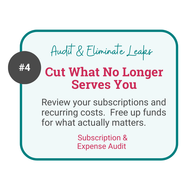 A graphic labeled #4 gently guides midlife women to free up funds by trimming unused expenses—smart steps for financial renewal.