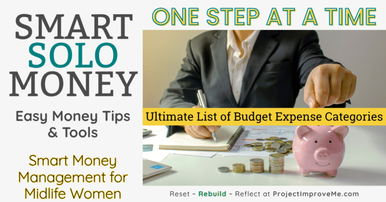 A woman in a suit writes in a notebook beside a pink piggy bank, sharing encouraging budget tips for midlife women's money goals.