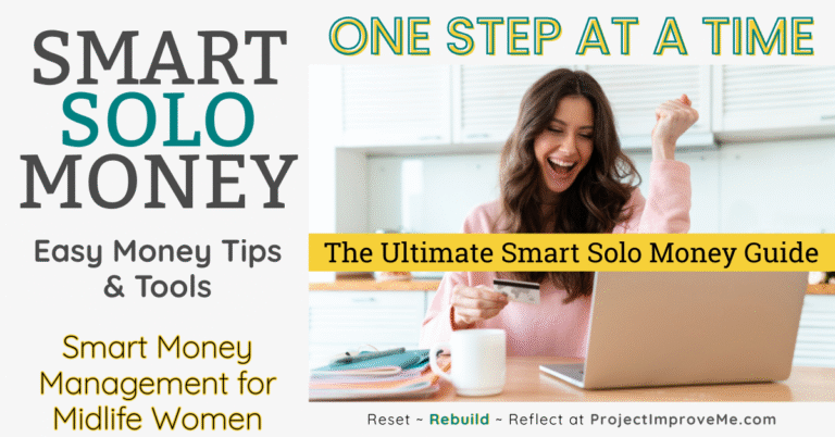 Midlife woman at her kitchen table, smiling with a raised fist at her laptop. Surrounding text supports rebuilding finances solo.