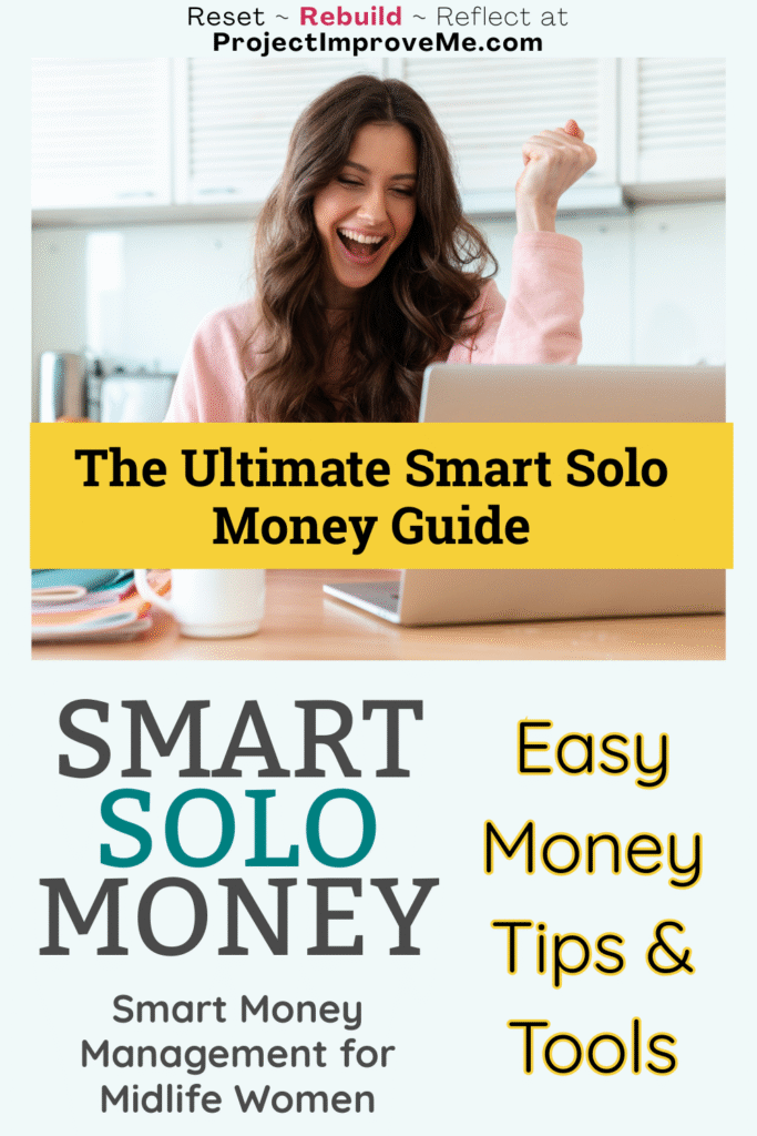 A joyful midlife woman engages with her laptop. Text: Empowering Money Guide—Supportive tips for women rebuilding finances solo.