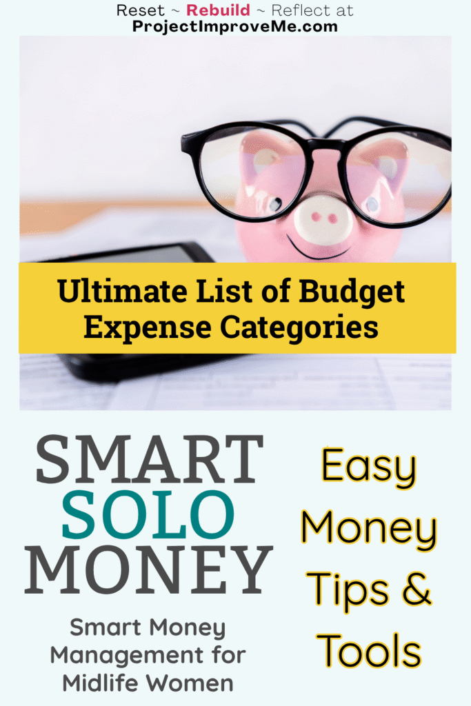 A cheerful pink piggy bank with glasses rests on a calculator, beside warm advice for midlife women on thoughtful budget categories.