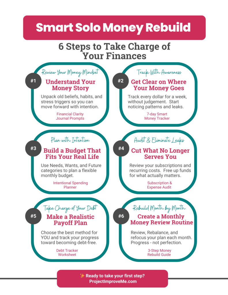 A warm infographic, Smart Solo Money Rebuild, shares six steps to help midlife women confidently rebuild finances on one income.