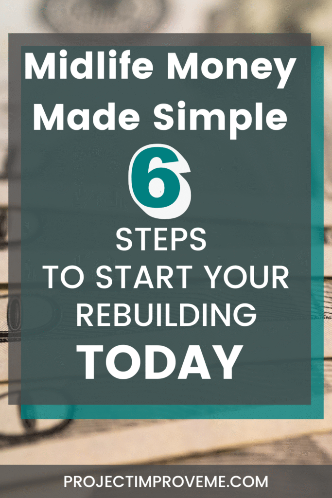 A graphic with the text: Midlife Money, Simplified for Women. 6 steps to rebuild your finances on one income. projectimproveme.com over a blurred background.