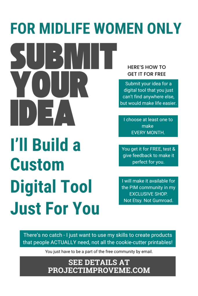 Supporting midlife women: Get free custom spreadsheets & planners from Second Chapter Digital Solutions for your feedback. projectimproveme.com.