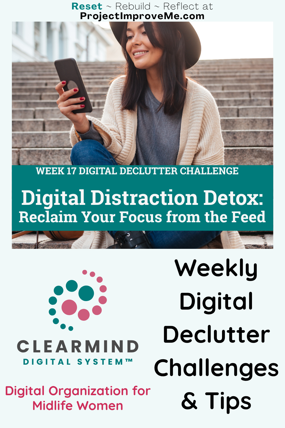 A smiling woman holding her phone appears above uplifting text inviting midlife women to join a digital declutter challenge and get weekly tips.