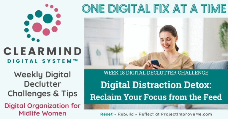 A midlife woman relaxes on a couch with her phone, inviting others to join a supportive digital declutter challenge just for women.