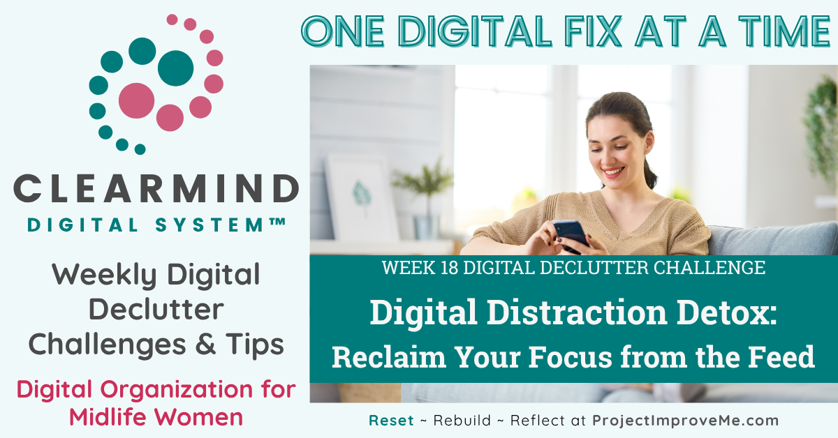 A midlife woman relaxes on a couch with her phone, inviting others to join a supportive digital declutter challenge just for women.