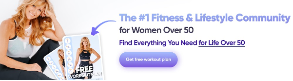 A warm, smiling woman sits by workout plans. Text: Empowering women 50+ with midlife inspiration. Get your free workout plan today.