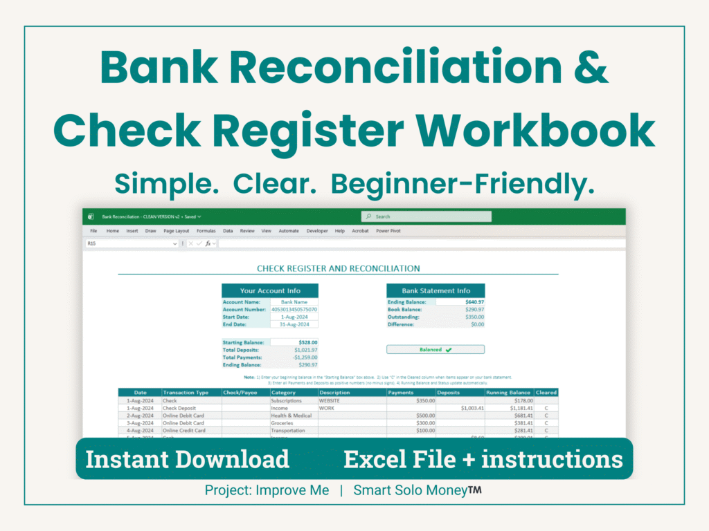 Screenshot of a clear, welcoming Excel Bank Reconciliation Workbook—budgeting made easy for women 50+. Instant download, gentle guidance.