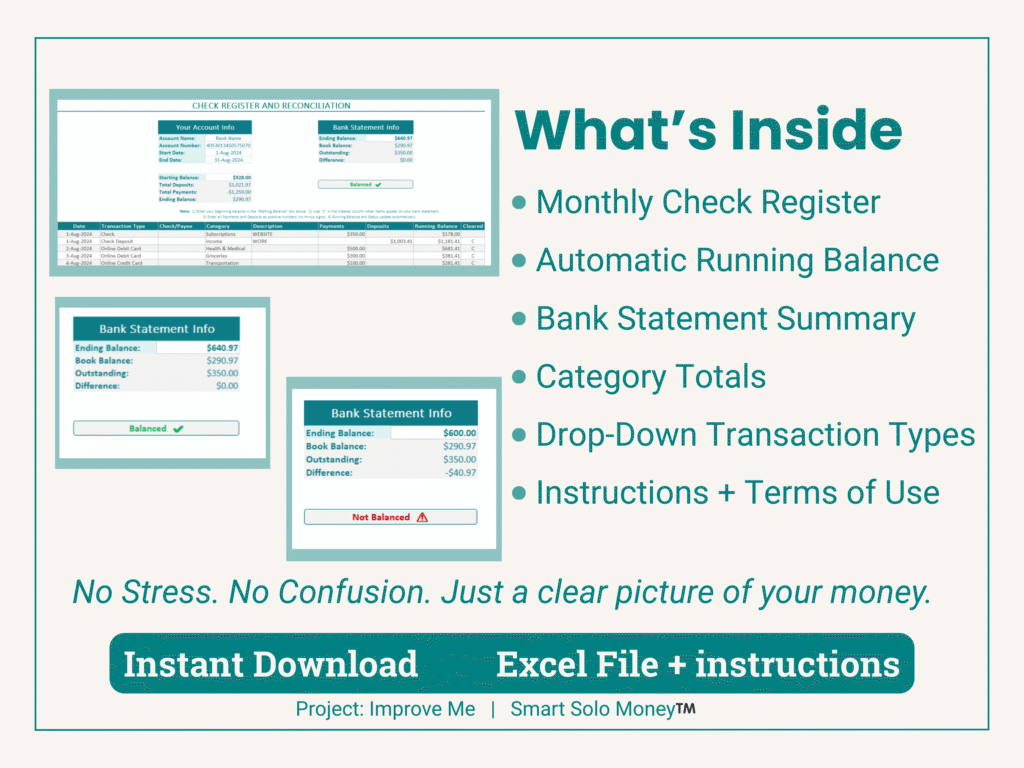 Image highlighting an Excel Check Register workbook designed for women, with easy tracking, categories, and instant download to simplify life.