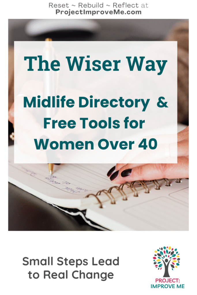 A woman writes in a spiral notebook by a laptop. The Wiser Way—support and free tools for midlife women. Take small steps, grow.