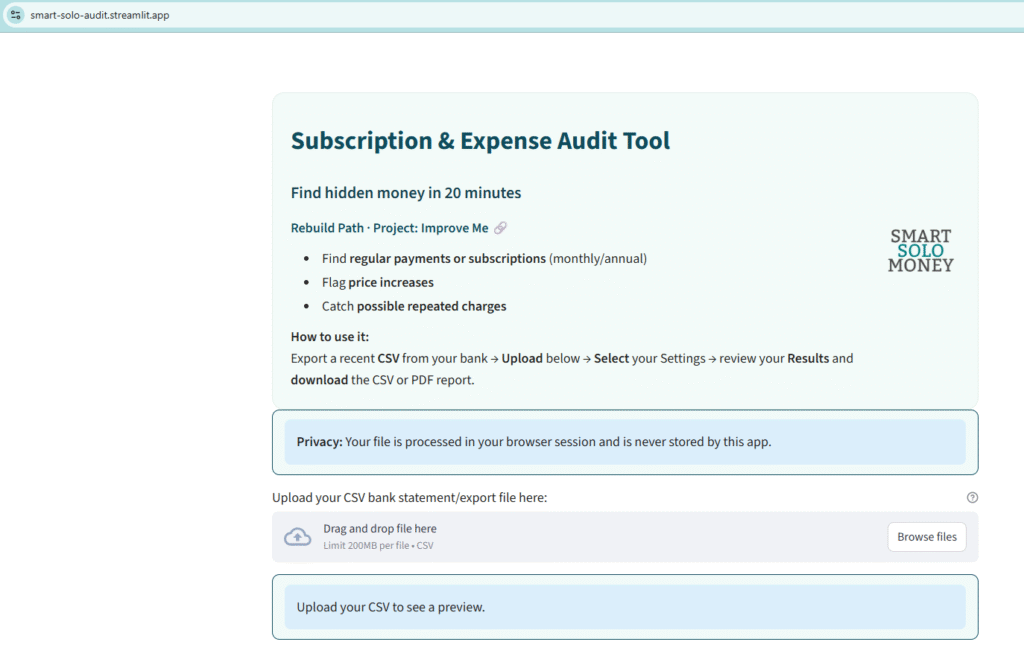 Screenshot of the Subscription & Expense Audit Tool web page, gently guiding women to upload bank statements for easy subscription checks, with supportive privacy notes and clear upload buttons.