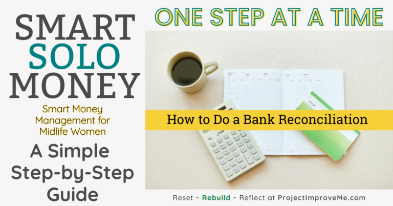 Top view of a desk with coffee, checkbook register, calculator, and pen; text offers a warm Excel bank balancing guide for midlife women.