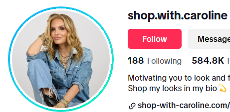 Profile photo of a woman in denim, sitting cross-legged; TikTok username shop.with.caroline, 584.8K followers shown—midlife inspiration.