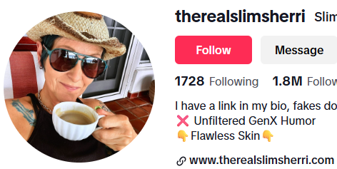 A woman in sunglasses and a hat enjoys coffee; her TikTok, therealslimsherri, inspires midlife women in blogs and directories.