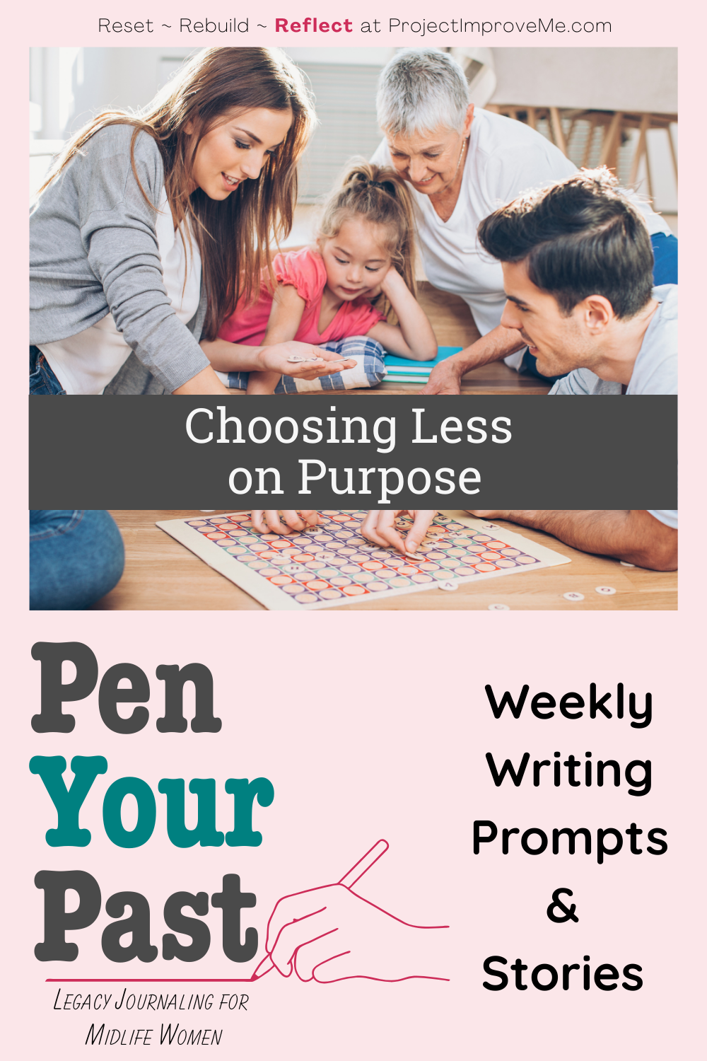 A woman and two children share a board game at a table. Text: Choosing Less on Purpose—midlife journaling for women's connection.
