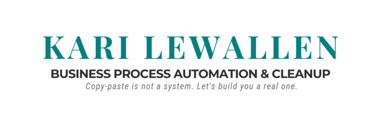 Text logo for Kari Lewallen with the tagline Empower Your Business and the phrase Let’s replace overwhelm with smart, supportive workflows.