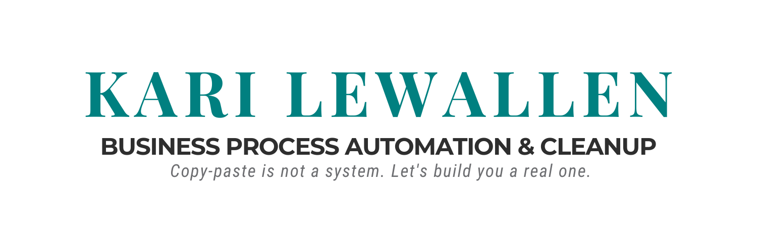 Text logo for Kari Lewallen with the tagline Empower Your Business and the phrase Let’s replace overwhelm with smart, supportive workflows.
